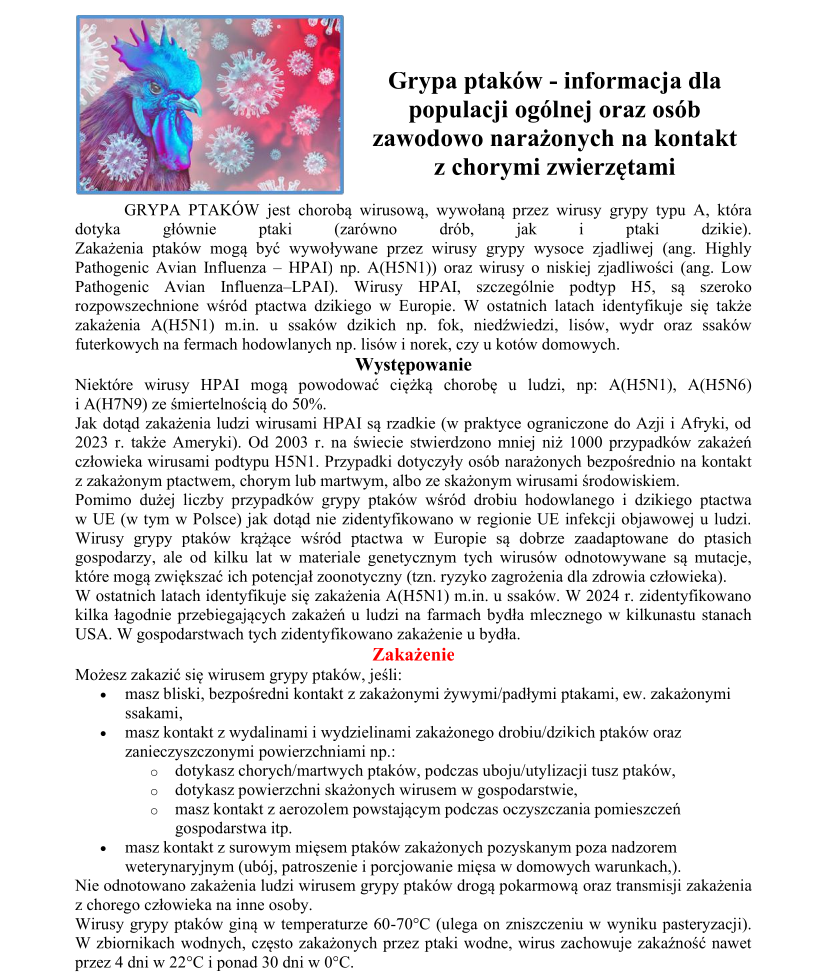 Grypa ptaków - informacja dla populacji ogólnej oraz osób zawodowo narażonych na kontakt z chorymi zwierzętami